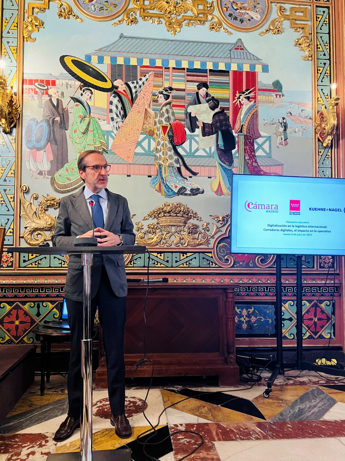 El presidente de UNO, Francisco Aranda, durante su intervenciu00f3n en la jornada sobre comercio internacional organizada por la Cu00e1mara de Comercio e Industria de Madrid