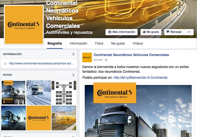 Captura de pantalla de la nueva página de Facebook de Continental Neumáticos Vehículos Comerciales.